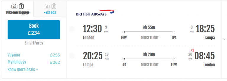 Non-stop flights from London to Tampa, FLORIDA for £234 / €282